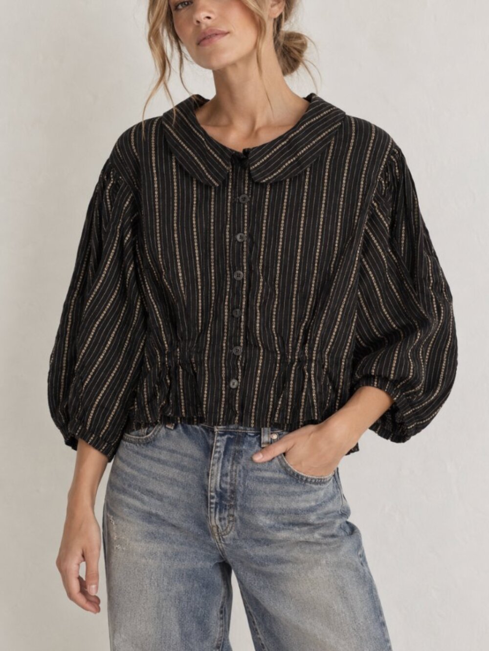 Magnolia Pearl Striped Cropped Peter Pan Collar Top One Size